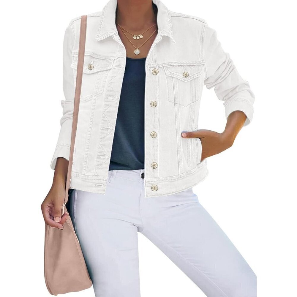 Women's Basic Button Down Stretch Fitted Long Sleeves Denim Jean Jacket White